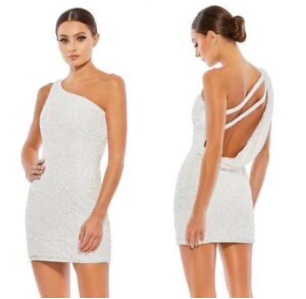 Mac Duggal One Shoulder Asymmetrical Neck Bodycon Mini Dress White Size 4